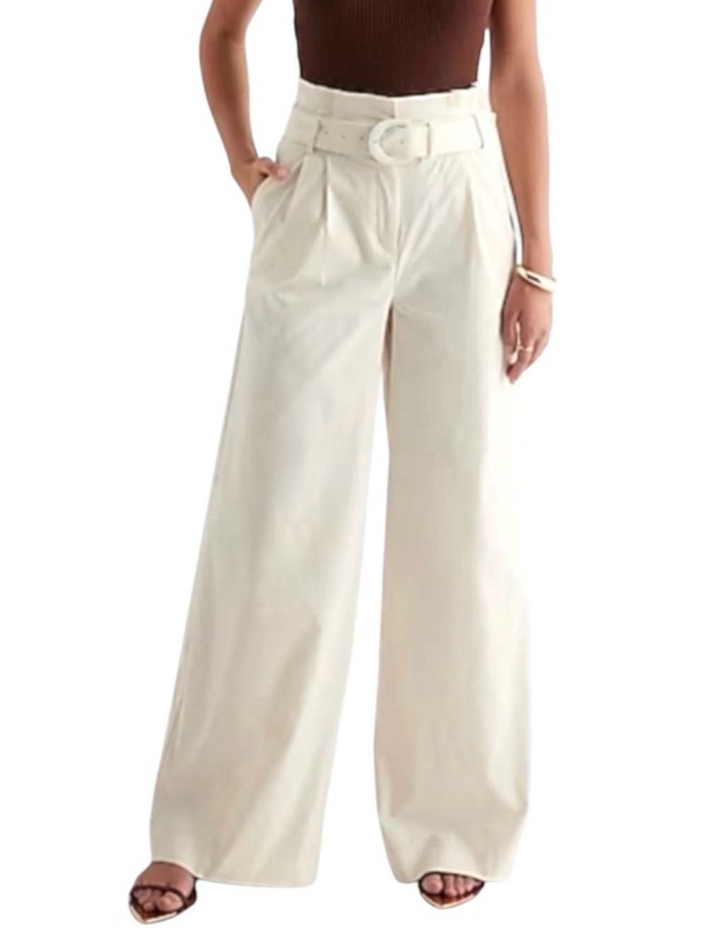 Express Cream Super High Waisted  Belted Wide Leg Paperbag Pants